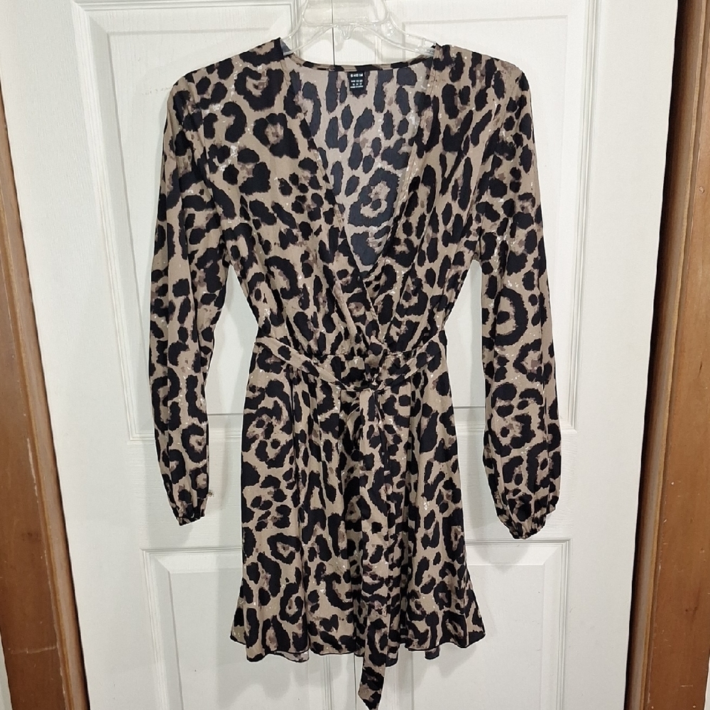 Shein Lightweight Leopard Animal Print Wrap Dress Long Sleeve-XL